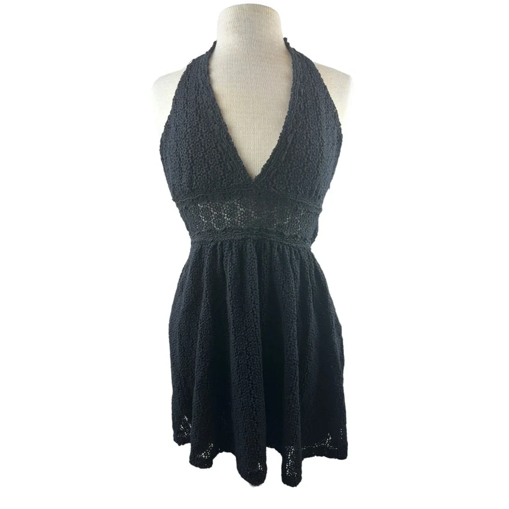 Free People So Sweetly Halter Mini Dress Crochet Black No Size Tag S *Read Desc - Picture 2 of 12